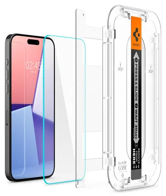 Immagine prodotto di Spigen iPhone 15 Pro Max Glas.Tr "Ez Fit" Pellicola protettiva in vetro temperato, confezione da 2 - Trasparente