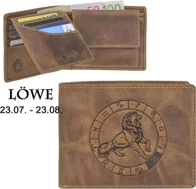 Produktbild von Greenburry Geldbörse Herren Leder braun antik Vintage mit Sternzeichen Motiv LÖWE Prägung Portemonnaie 12,5 x 9,5cm