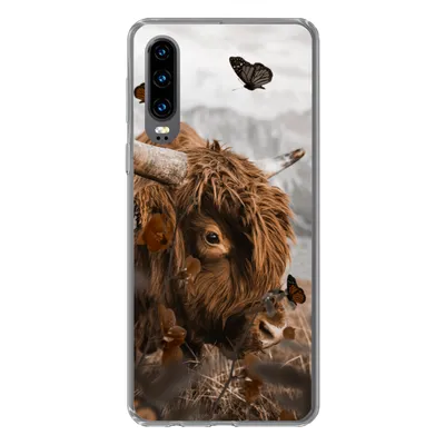 Produktbild von MuchoWow® Handyhülle Schutzhülle Hülle für Huawei P30 Scottish Highlander - Schmetterlinge - Pflanzen Silikon Softcase Handy Hülle - Kartenbesitzer