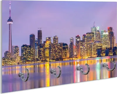 Produktbild von Wallario Handtuchhalter aus Glas, Motiv: Toronto Skyline - Kanada am Abend, 30 x 20 cm mit 4 Haken