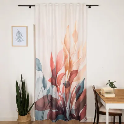 Produktbild von Vorhang Schlaufenband Leinenoptik Blätter ecru blau rot 140x245cm