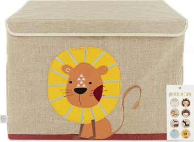 A beige fabric storage box with a lion applique on the front and a tag showing other animal designs.