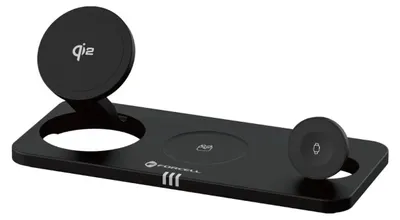 A black wireless charger with multiple charging pads and a stand for a phone.