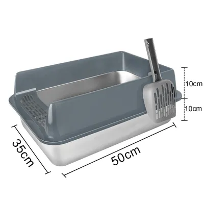 Image de Bac à litière en acier inoxydable ouvert sur le dessus avec pelle et facile à nettoyer 50*35*24cm Gris