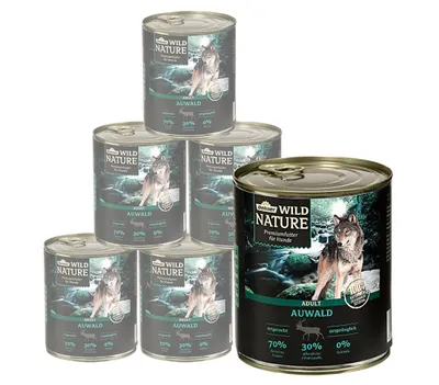 Produktbild von Dehner Wild Nature Hundefutter Auwald, Nassfutter getreidefrei / zuckerfrei, für ausgewachsene Hunde, Geflügel / Wild, 6 x 800 g Dose (4.8 kg)