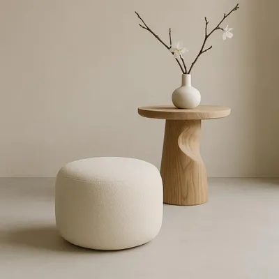 Produktbild von Moon Pouf rund Ø40x40 cm Creme– Sitzhocker in Stoff Quelle – Bequeme Fußablage & Dekohocker