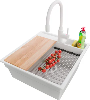 Produktbild von PRIMAGRAN Granitspüle Weiß 48x53cm, Spülbecken 1 Becken + Küchenarmatur 38x14cm + Ablauf-Set + Küchenzubehörset, Küchenspüle ab 50er Unterschrank - Oslo Pocket