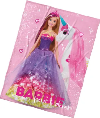 A Barbie doll and a unicorn on a pink background with stars and hearts.