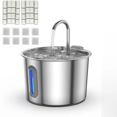 Image de Fontaine à eau pour chats, en acier inoxydable, 2,2 litres, avec 8 filtres, très silencieuse, avec éclairage LED