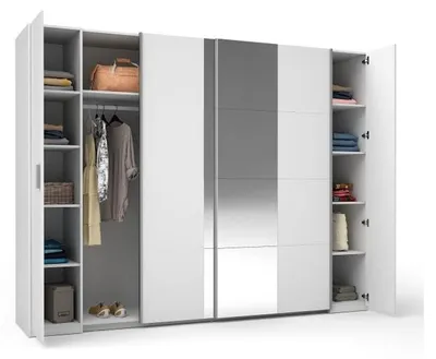 Productafbeelding van Kledingkast 4 deuren met spiegel STAR - Wit - Met kledingroede - L264 cm