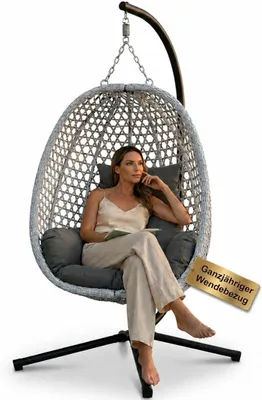 Produktbild von EaseAir® Hängesessel mit Gestell Outdoor & Indoor – Loungesessel für Garten, Terrasse & Balkon, Wendebezug Sommer/Winter, Abdeckplane, faltbar, Grau