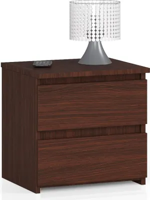 A dark brown wooden nightstand with two drawers, topped with a lamp and a remote control.