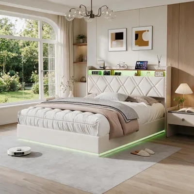 Image de Lit rembourré INONEFT 140x200 avec LED et ports USB, lit à lattes avec coffre à ressorts hydraulique, lit pour adolescents avec étagère ouverte et espace de rangement dissimulé, couleur beige