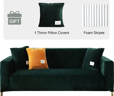 Obrázek produktu pro Sametový potah na pohovku 3 Seater Soft Stretch Couch Cover Non-Slip Sofa Cover Plyšová pohovka Slipcovers s 1 polštářem pro obývací pokoj, zelená, 3 Seater