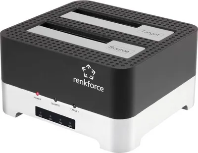 A product shot of a dual hard drive docking station.