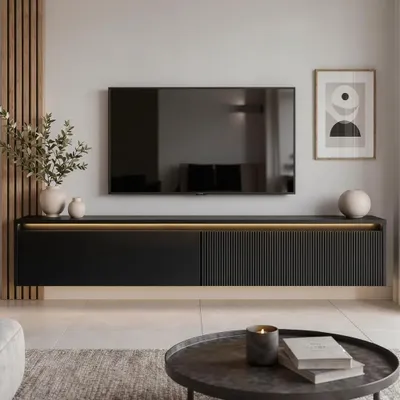 Produktbild von Modernes TV-Lowboard 170 cm LUMI IV Schwarz Matt, Hängender, geriffelter Fernsehschrank mit LED-Beleuchtung & Push-to-Open