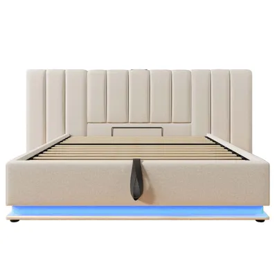 Produktbild von Flieks Hydraulisches Polsterbett 160x200cm mit Ladefunktion, Doppelbett Boxspringbett Jugendbett mit LED, Stauraumbett mit Lattenrost, Leinen, Beige