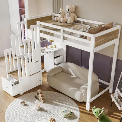 Produktbild von ELANDEPOT Hochbett 90 × 200 cm Weiß / Natur Schreibtisch Schubladen Stauraum Stauraumtreppe ohne Matratze Türen Holz für Kinder- und Jugendzimmer