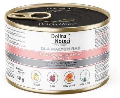 Zdjęcie produktu dla Mokra karma dla psów małych ras Dolina Noteci Premium z wołowiną, gruszką i burakiem 185 g