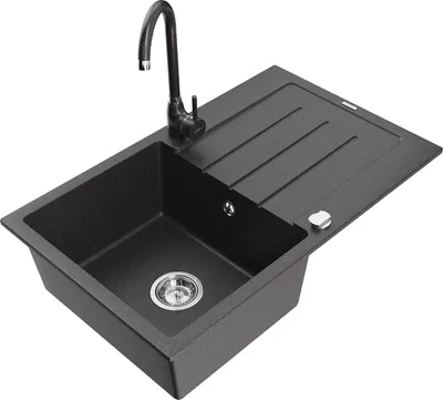 Produktbild von Mexen Bruno 1 Becken-Granitspüle mit Abtropffläche und Mischbatterie Telma, Schwarz gesprenkelt - 6513-76-670200-76
