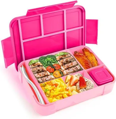 Produktbild von Famanu Lunchbox 1200 ml - 5 Fächer, auslaufsicher, mit Besteck, mikrowellen- und spülmaschinenfest (rosa)
