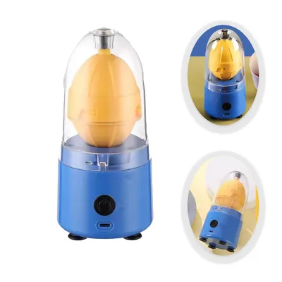A collage of images showing a blue and yellow egg mixer device.