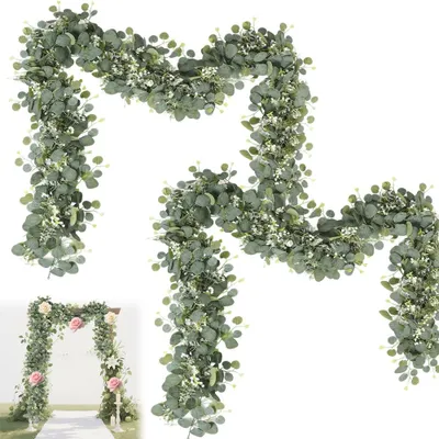 Image de 2 couronnes artificielles d'eucalyptus, 1,8 m de plantes suspendues décoratives avec des feuilles d'eucalyptus, couronne de feuilles d'eucalyptus, décoration de mariage, plante artificielle en couronne, pour mariage, fête, jardin, décoration de festival (B)