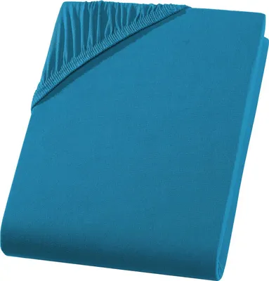 A folded teal fitted sheet with elasticized corners.