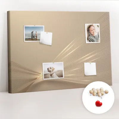 Produktbild von Korkwand mit Stecknadeln – Schwarzes Brett mit Stecknadeln für Fotos und Notizen – 100x70 cm – 100 Holz-Stecknadeln – Abstrakte Lichtdarstellung