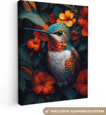 Produktbild von Leinwandbilder 30x40 cm - Tiere, Blumen - Kolibri, Bilder Wohnzimmer Modern, Wanddeko