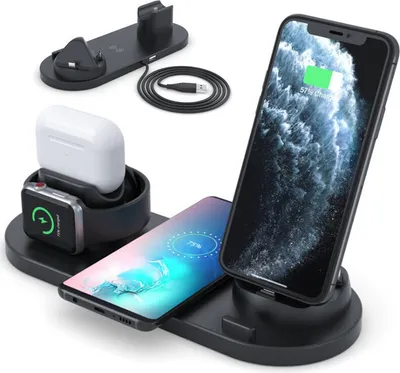 Produktbild von （Schwarz）6 in 1 Ladestation Induktions-Ladegerät Kabelloses Ladegerät Schnellladung 9 intelligente Schutzfunktionen für iPhone Samsung AirPods Apple Watch