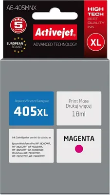 Produktbild von Activejet AE-405MNX Tintenpatrone (Ersatz für Epson 405XL C13T05H34010; Höchste; 18ml; magenta), Hohe (XL-) Ausbeute, Magenta, Tinte auf Farbstoffbasis, 18 ml, 1 Stück(e), Einzelpackung