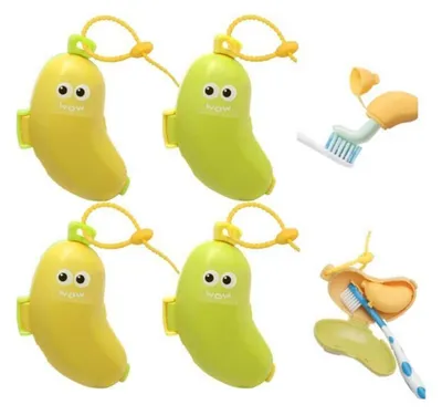 Image de Étuis à brosses à dents en forme de banane, lot de 4, avec distributeur de dentifrice, jaune et vert
