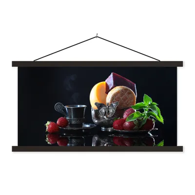 Produktbild von MuchoWow® Textilposter Rustikal - Obst - Käse - Tisch - Stilleben 90x45 cm mit schwarzem Rahmen - Klemmleisten