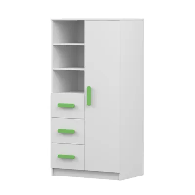 Produktbild von Kinder-Bücherregal Jonas 06 – 80 cm, Weiß/Weiß mit Grünen Griffen, 3 Schubladen & 1 Tür