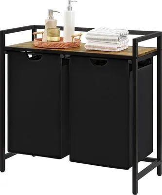 Zdjęcie produktu dla Organizer na pranie – 2 przegródki – 95 l. Wysuwany kosz na pranie z dużą górną półką oraz 2 wyjmowanymi kieszeniami i uchwytami – organizer do pralni, sypialni, łazienki, kolor czarny