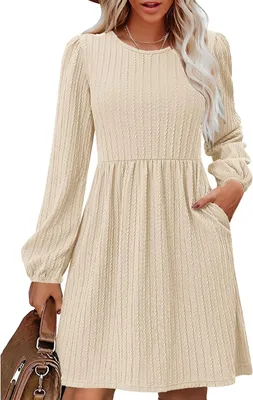 Produktbild von Gestricktes Damenkleid mit langen Ärmeln, Rundhalsausschnitt und A-Linie, knielang, mit Seitentaschen