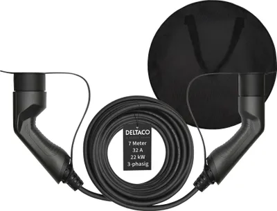 Produktbild von Deltaco E-Auto EV-Ladekabel + Tasche, Typ2 auf Typ2, 32 A, 22 kW, 3-phasig, 7m