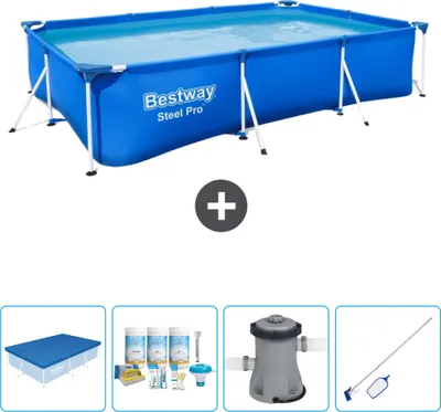 Produktbild von Bestway rechteckiger Steel Pro-Schwimmbecken – 300 x 201 x 66 cm – Blau – im Lieferumfang enthalten Abdeckung - Wartungspaket - Pumpe - Reinigungskit