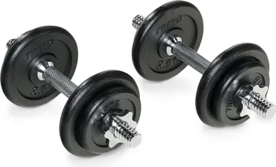 Produktbild von TREXO Set bestehend aus Stahlhanteln mit Gewinde und Scheiben mit einem Gesamtgewicht von 20 kg in einem Koffer mit 8 gummierten GusseisenScheiben für das Krafttraining zu Hause DK20