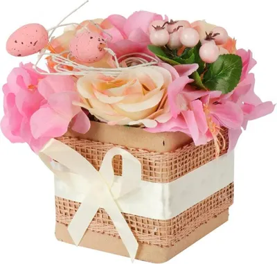 Produktbild von Osterblumenkasten-Dekoration mit rosa Eiern und künstlichen Blumen
