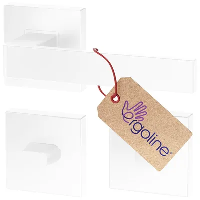 A white door handle set with a brown tag attached.