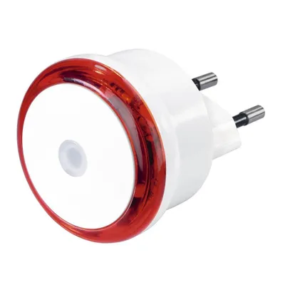 A white and red LED night light with a plug.