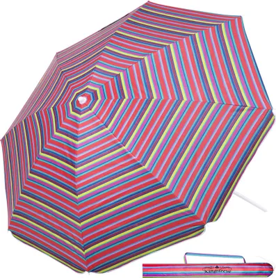 A colorful striped beach umbrella is shown against a white background.