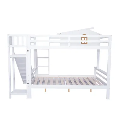 Produktbild von Merax Etagenbett 90x200/120x200cm mit Lattenrost und  2 Schubladen, Kinderbett mit Rutsche und Leiter, Hochbett Hausbett Holzbett Stockbett, Weiß