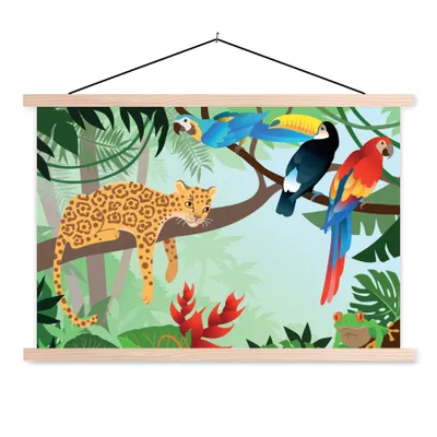 Produktbild von MuchoWow® Textilposter Dschungeltiere - Tukan - Jungen - Mädchen - Leopard 60x40 cm mit holzfarbenen Rahmen - Bilder