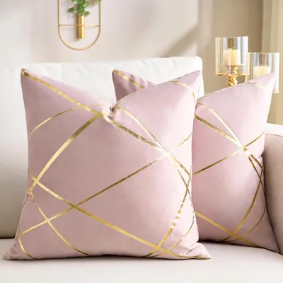 Productafbeelding van Kussensloop, fluweel, 45x45 cm, roze, geometrisch patroon, set van 2