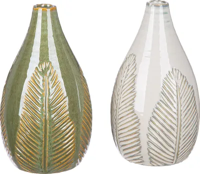 Produktbild von Gilde Deko-Vase, "Palmblatt", Blattmotiv, Keramik, grün, weiß, H. 25 cm, D. 13 cm 34291 4063387342916 2 Stück (2-fach sortiert)