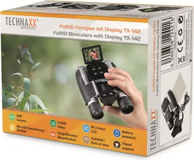 The image shows the packaging of a pair of binoculars with a display, with a hand holding the binoculars in the foreground.