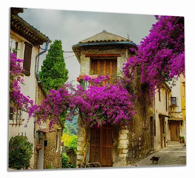 Produktbild von Wallario Herdabdeckplatte aus Glas, Größe 60 x 52 cm 1-teilig, Motiv Malerische Stadt in der Provence mit bunten Blumen